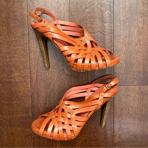Via Spiga Orange Leather Strappy Heels, Low Platform, Size 9.5 - Picture 1 of 16
